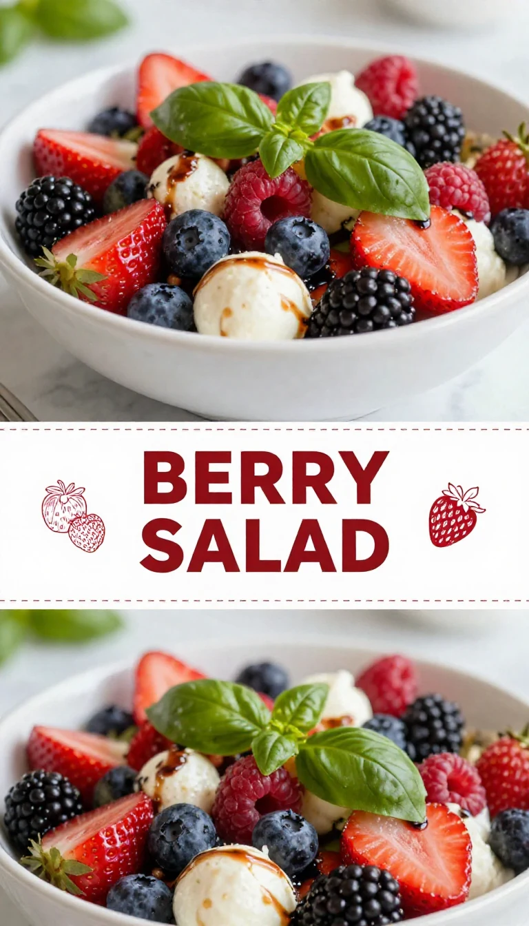 A colorful Berry Caprese Salad featuring fresh mozzarella, strawberries, blueberries, and basil leaves on a white plate.
