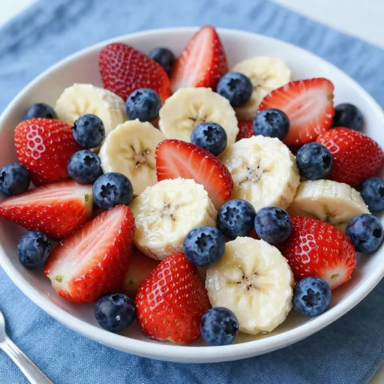A vibrant red, white, and blue fruit salad featuring strawberries, blueberries, and bananas in a bowl.