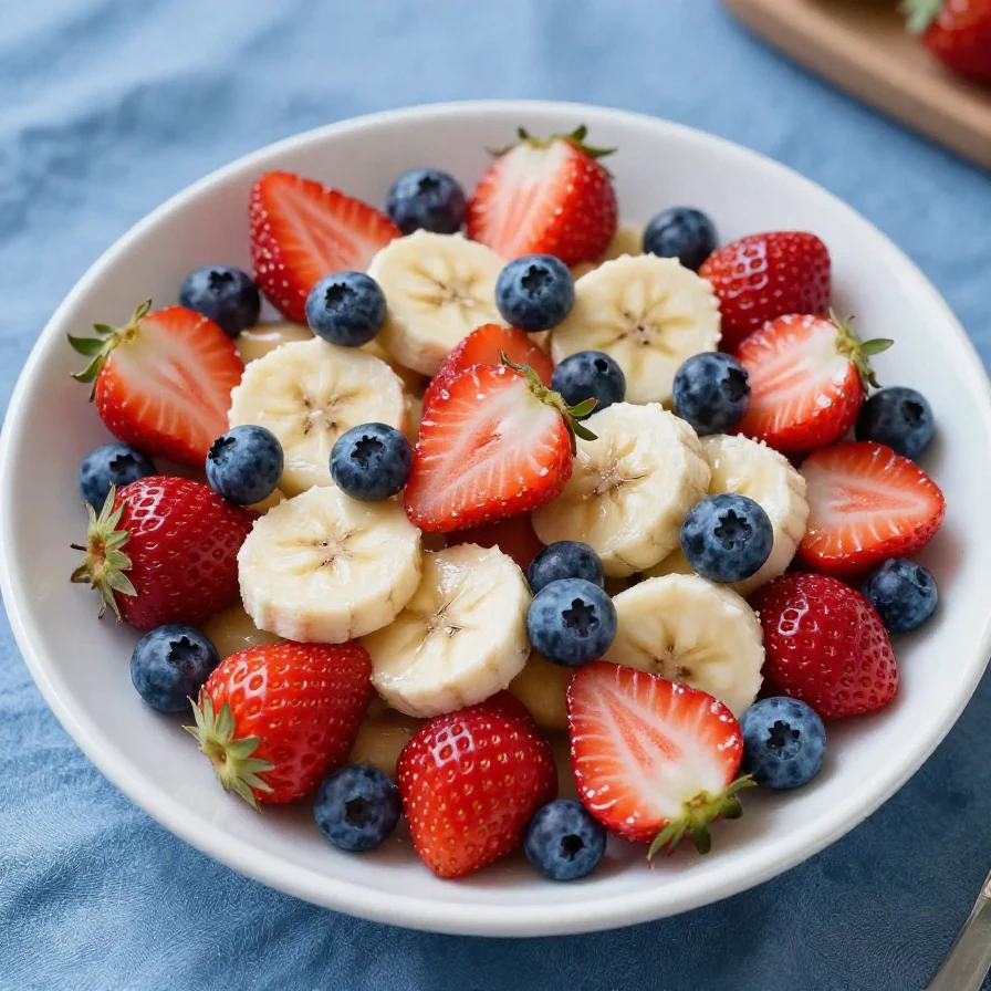 A vibrant red, white, and blue fruit salad featuring strawberries, blueberries, and bananas in a bowl.