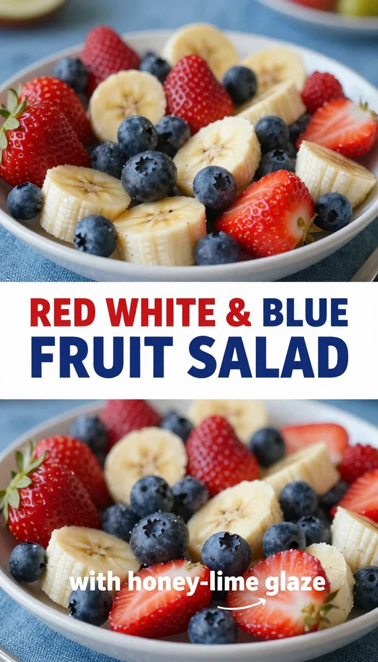 A vibrant red, white, and blue fruit salad featuring strawberries, blueberries, and bananas in a bowl.