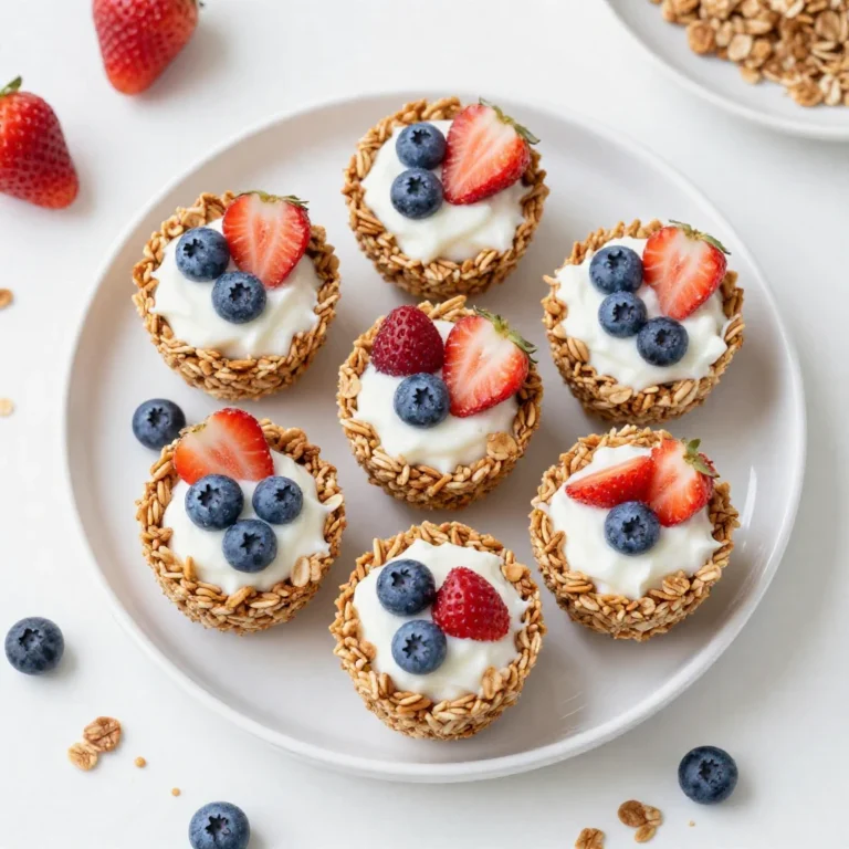 Delicious granola berry cups filled with fresh strawberries and blueberries on a wooden table