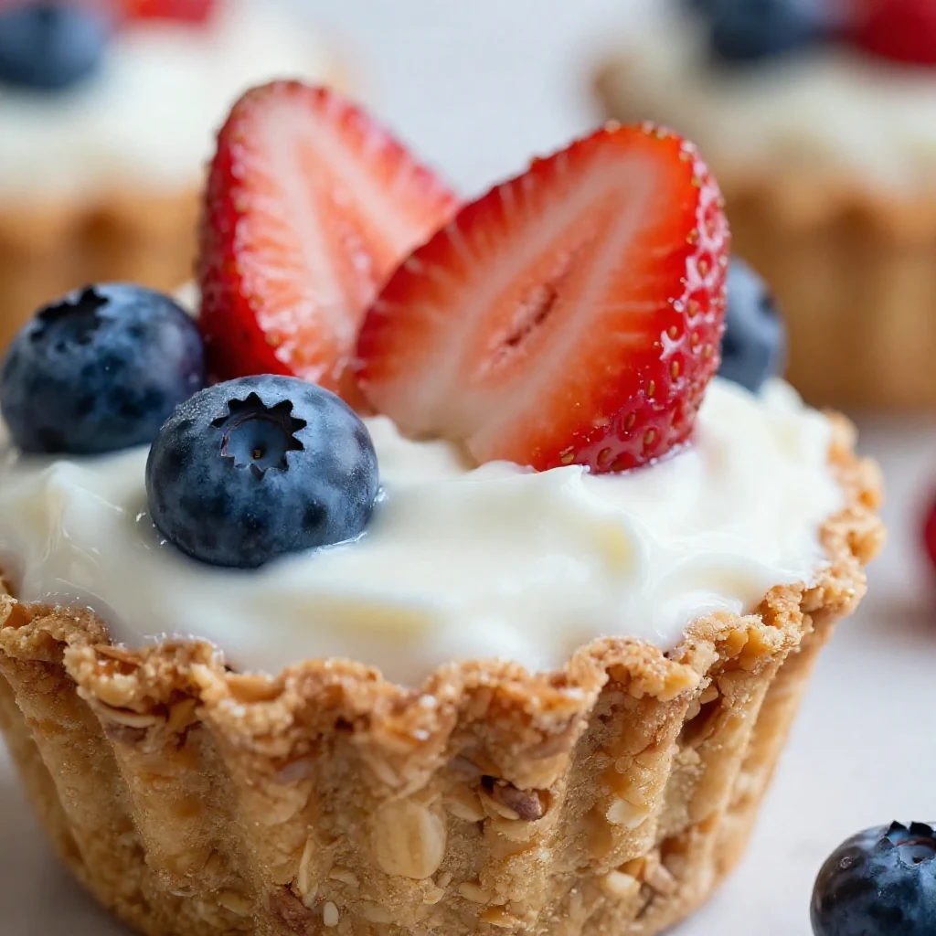 Delicious granola berry cups filled with fresh strawberries and blueberries on a wooden table