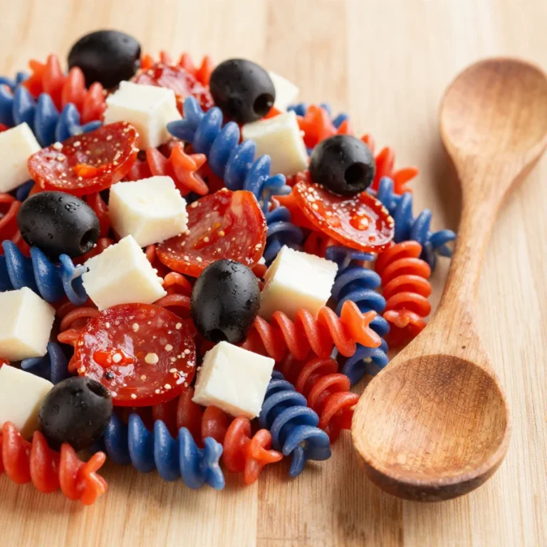 A vibrant red, white, and blue pasta salad served in a clear bowl, featuring cherry tomatoes, mozzarella balls, and blue cheese.