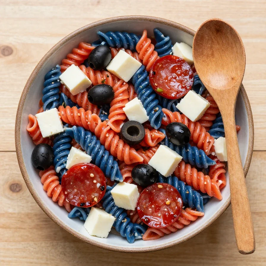 A vibrant red, white, and blue pasta salad served in a clear bowl, featuring cherry tomatoes, mozzarella balls, and blue cheese.