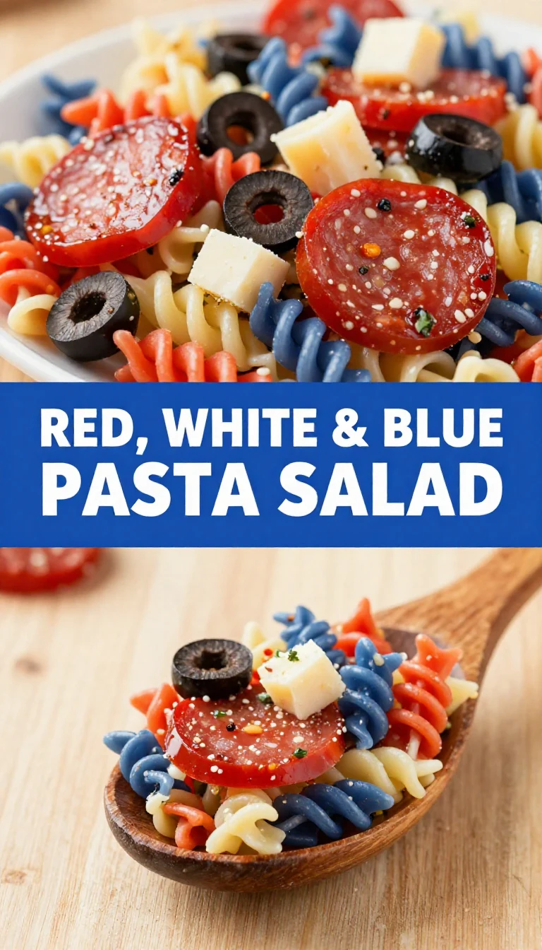 A vibrant red, white, and blue pasta salad served in a clear bowl, featuring cherry tomatoes, mozzarella balls, and blue cheese.