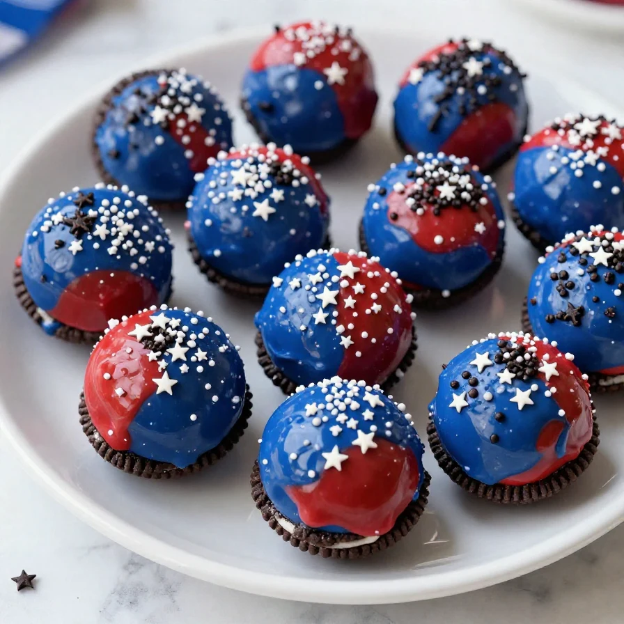Delicious patriotic Oreo balls decorated with red, white, and blue sprinkles on a white plate