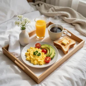 A cozy breakfast tray with pancakes, fresh fruit, and coffee served in bed