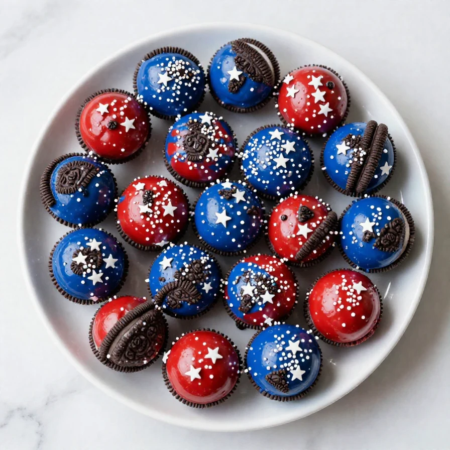 Delicious patriotic Oreo balls decorated with red, white, and blue sprinkles on a white plate