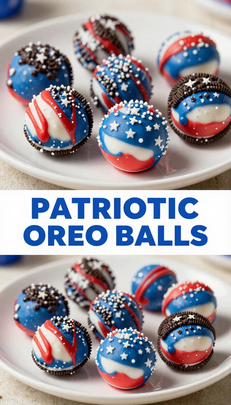 Delicious patriotic Oreo balls decorated with red, white, and blue sprinkles on a white plate