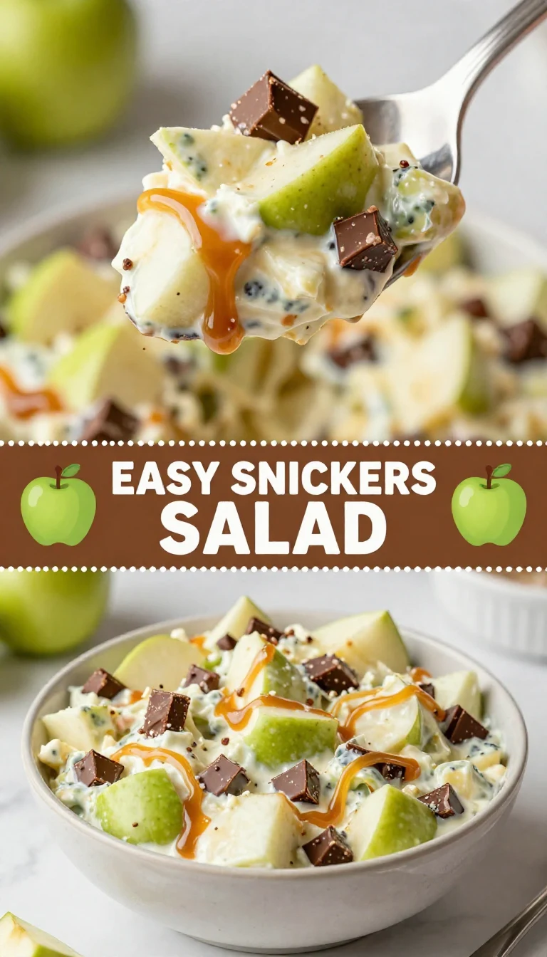 A bowl of SNICKERS salad topped with whipped cream and chocolate drizzle