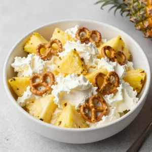A delicious bowl of Pineapple Pretzel Fluff Salad decorated for a 4th of July celebration