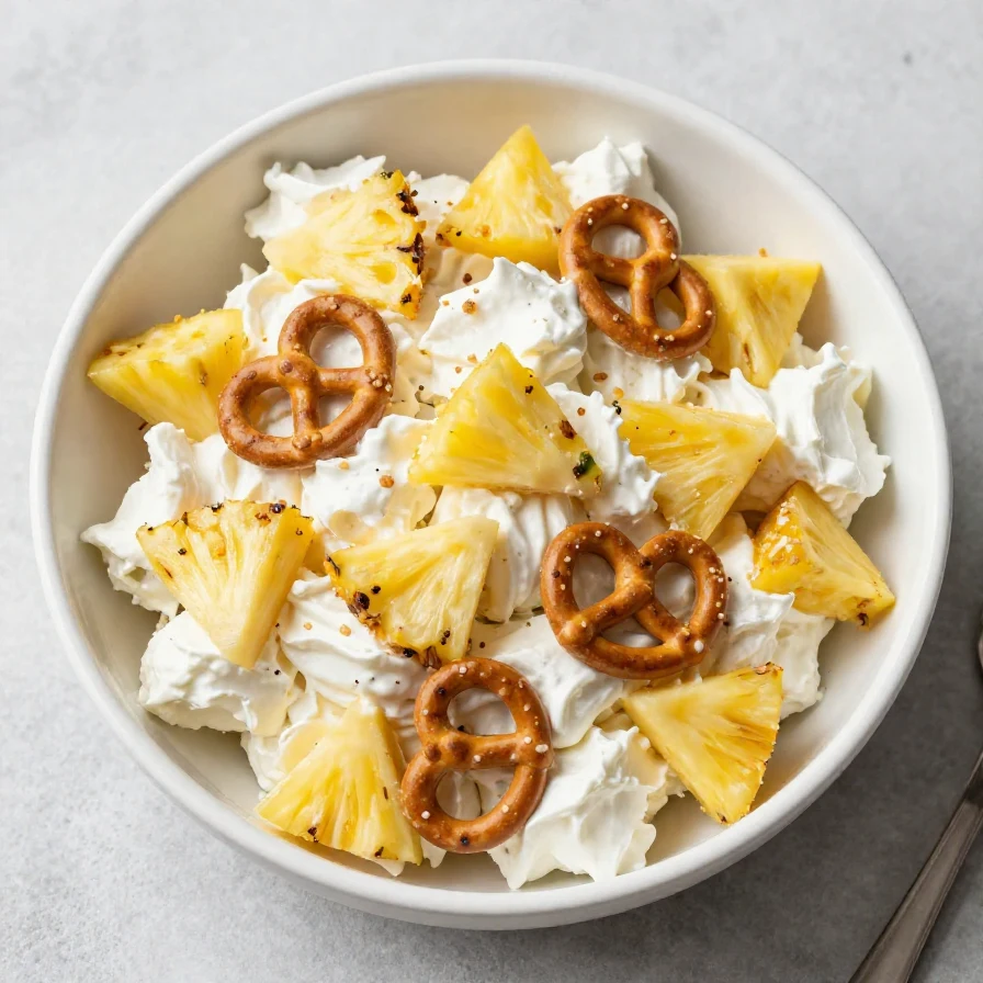 A delicious bowl of Pineapple Pretzel Fluff Salad decorated for a 4th of July celebration