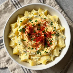 A bowl of colorful gluten-free potato salad with fresh vegetables and herbs