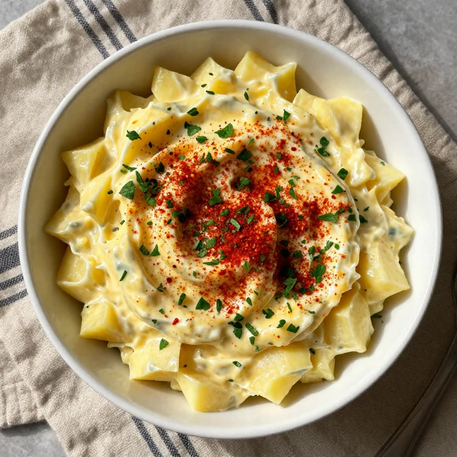 A bowl of colorful gluten-free potato salad with fresh vegetables and herbs