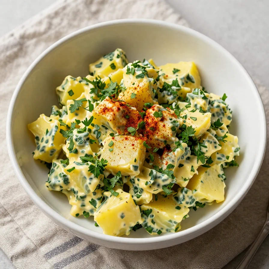 A bowl of colorful gluten-free potato salad with fresh vegetables and herbs