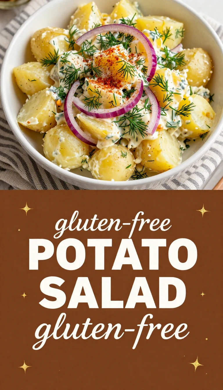 A bowl of colorful gluten-free potato salad with fresh vegetables and herbs
