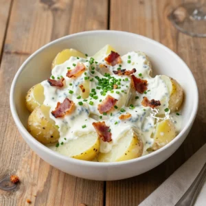 A vibrant red, white, and blue potato salad featuring colorful ingredients and garnishes