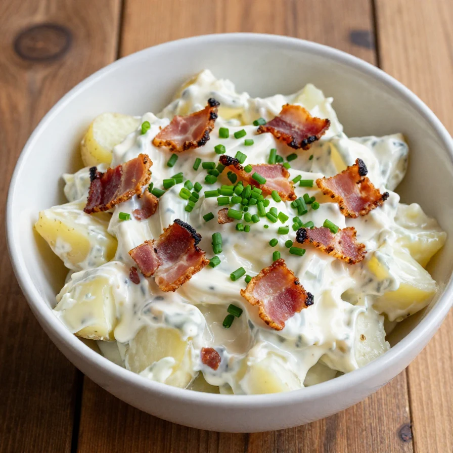A vibrant red, white, and blue potato salad featuring colorful ingredients and garnishes