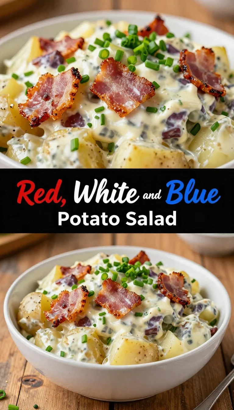 A vibrant red, white, and blue potato salad featuring colorful ingredients and garnishes