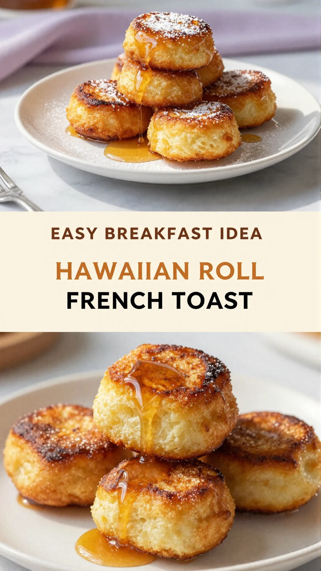 Delicious Hawaiian roll French toast bites served on a white plate with syrup