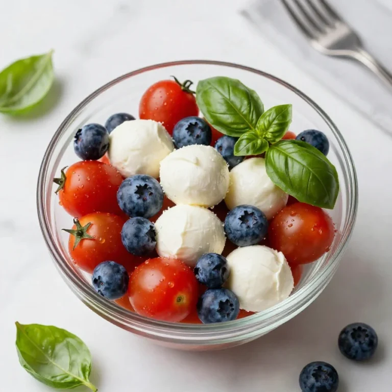 A colorful 4th of July Caprese salad featuring fresh tomatoes, mozzarella, and basil arranged in a festive pattern.