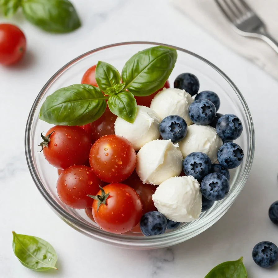 A colorful 4th of July Caprese salad featuring fresh tomatoes, mozzarella, and basil arranged in a festive pattern.