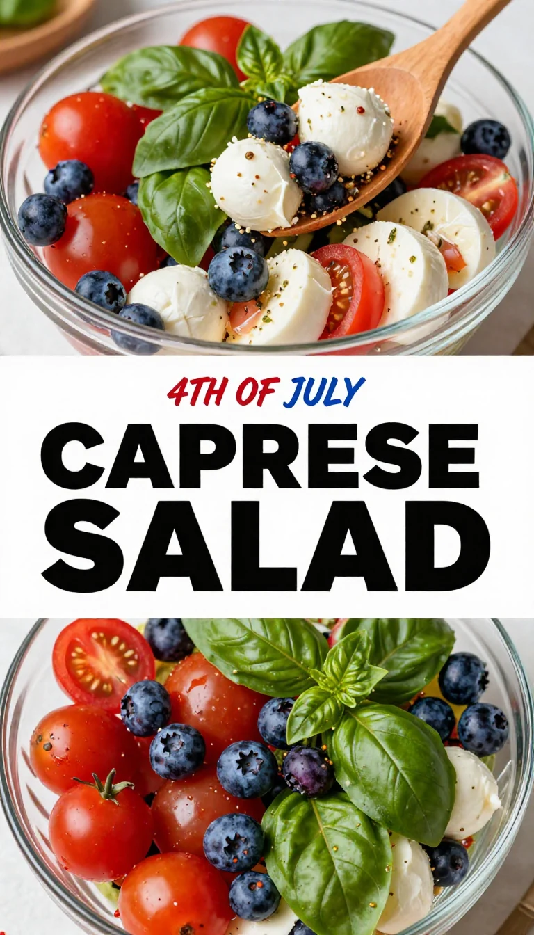 A colorful 4th of July Caprese salad featuring fresh tomatoes, mozzarella, and basil arranged in a festive pattern.