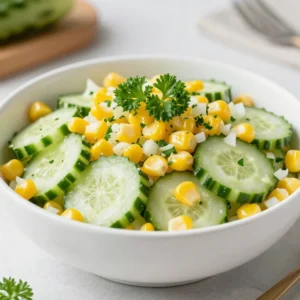 A vibrant cucumber corn salad with cherry tomatoes and herbs in a bowl