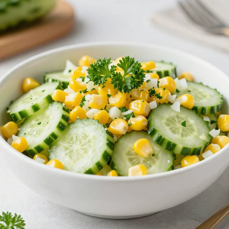 A vibrant cucumber corn salad with cherry tomatoes and herbs in a bowl