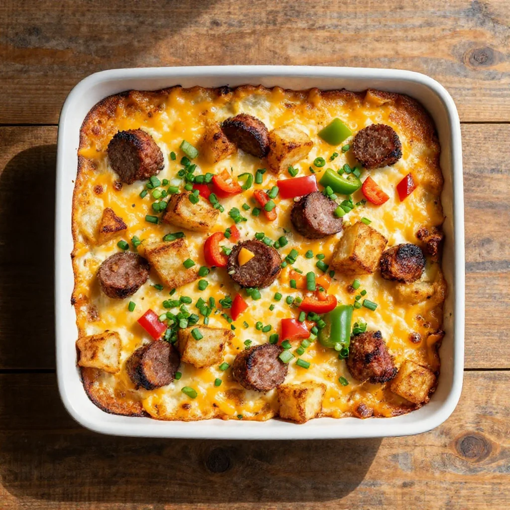 A delicious crack breakfast casserole topped with crispy bacon and melted cheese