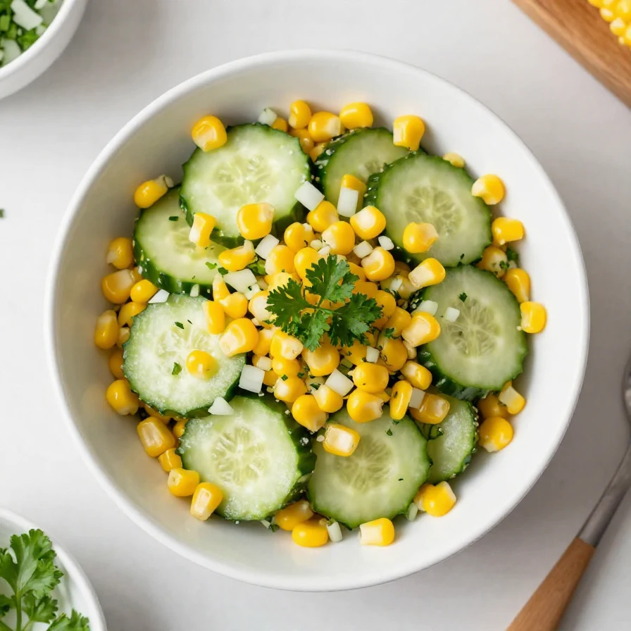 A vibrant cucumber corn salad with cherry tomatoes and herbs in a bowl