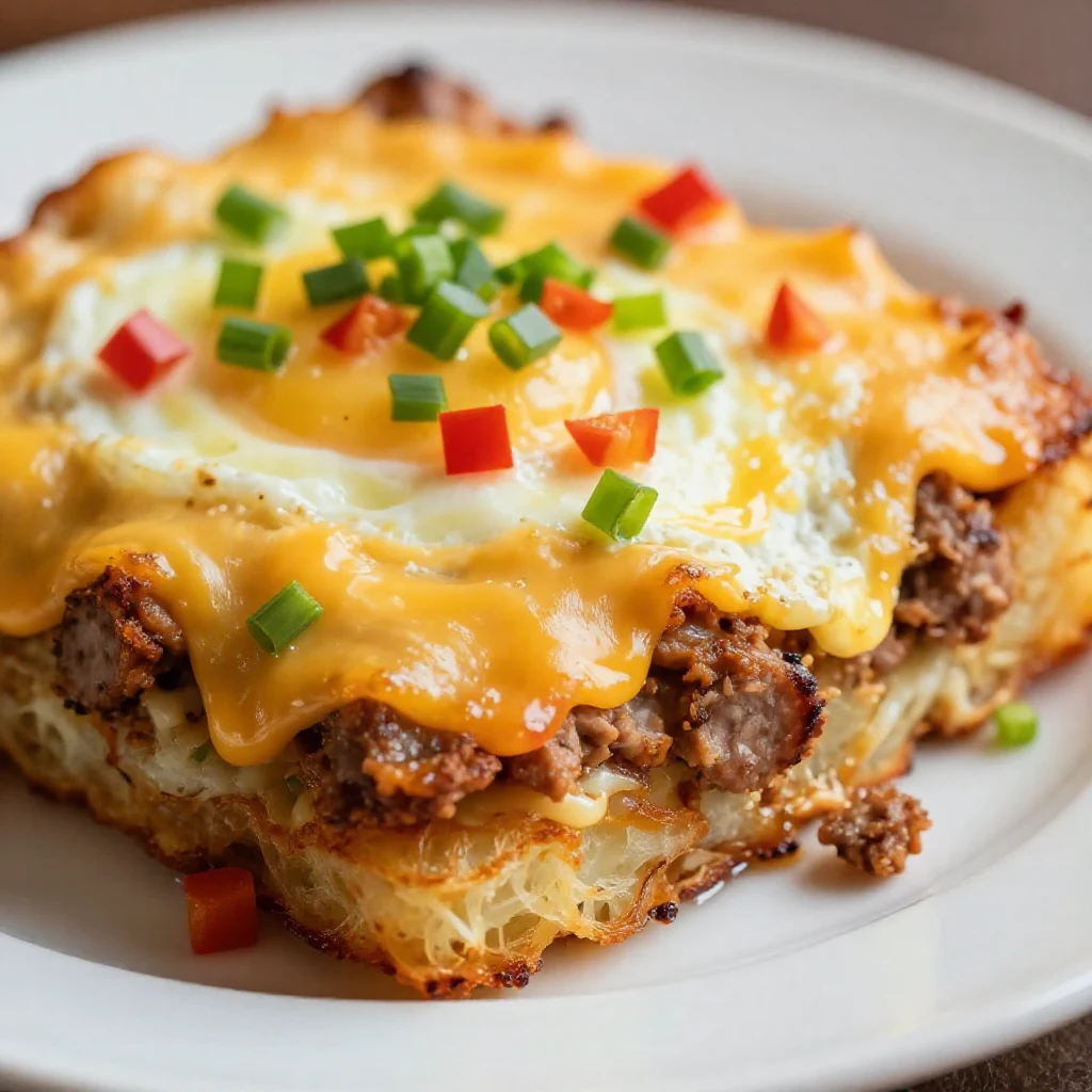 A delicious crack breakfast casserole topped with crispy bacon and melted cheese
