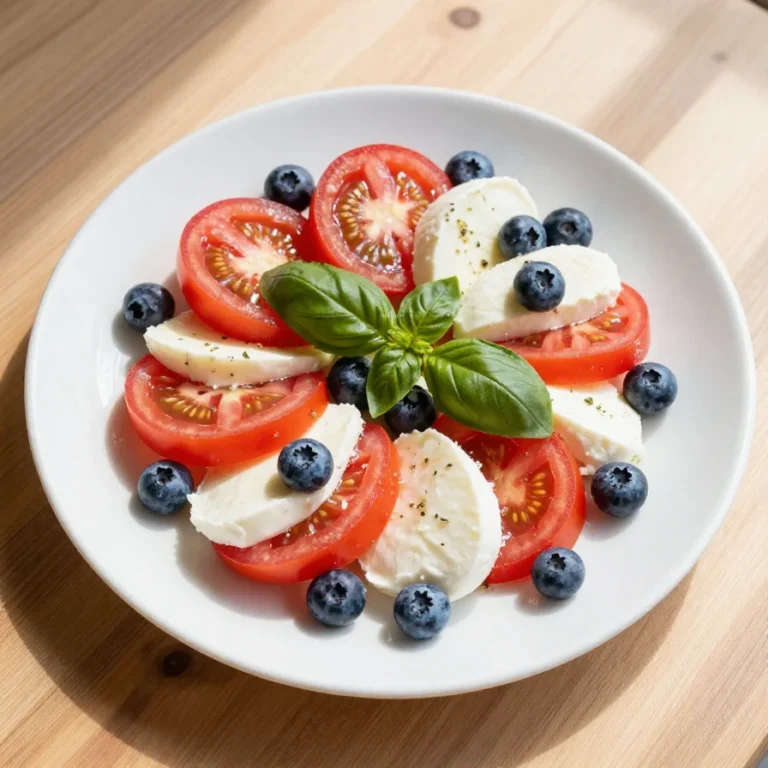 A vibrant Red White and Blue Caprese Salad featuring ripe tomatoes, fresh mozzarella, and basil, drizzled with balsamic glaze