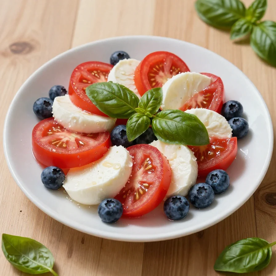 A vibrant Red White and Blue Caprese Salad featuring ripe tomatoes, fresh mozzarella, and basil, drizzled with balsamic glaze