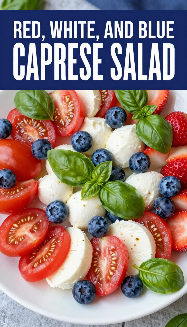 A vibrant Red White and Blue Caprese Salad featuring ripe tomatoes, fresh mozzarella, and basil, drizzled with balsamic glaze