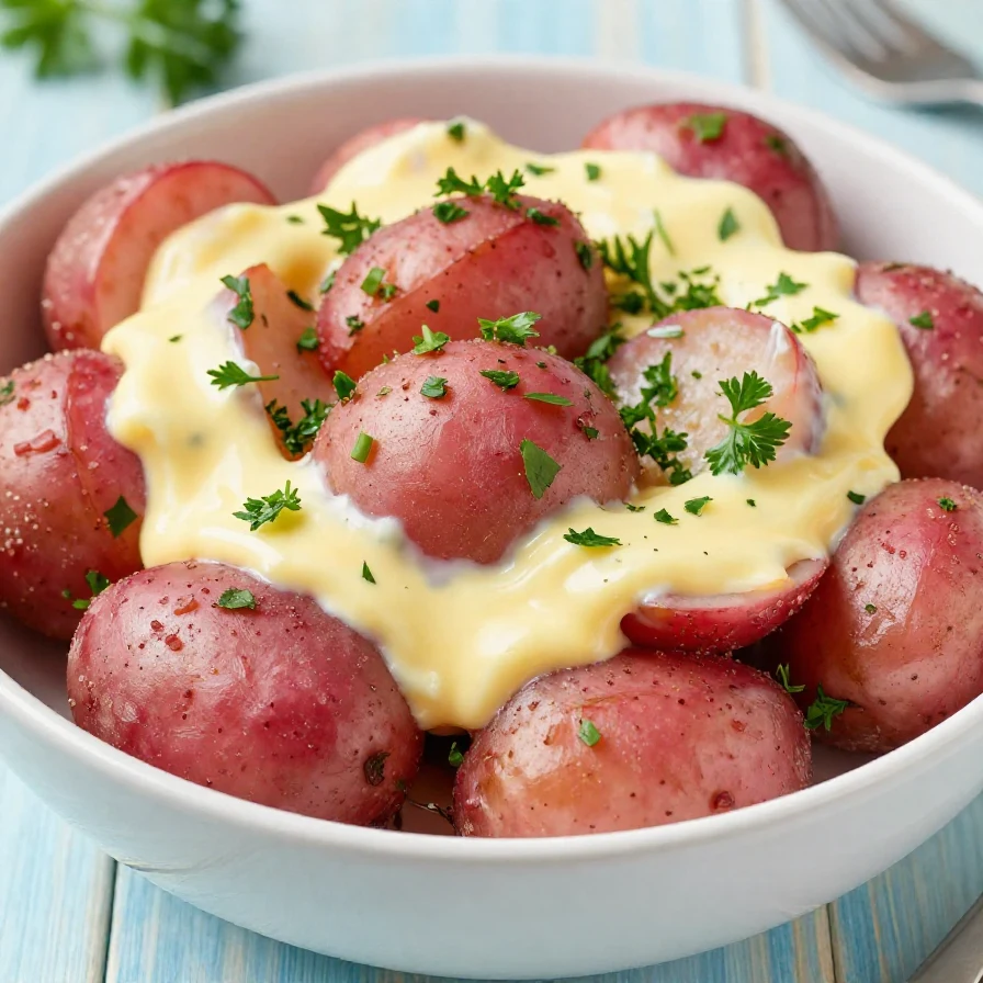 A colorful bowl of healthy red potato salad garnished with fresh herbs, perfect for a football party