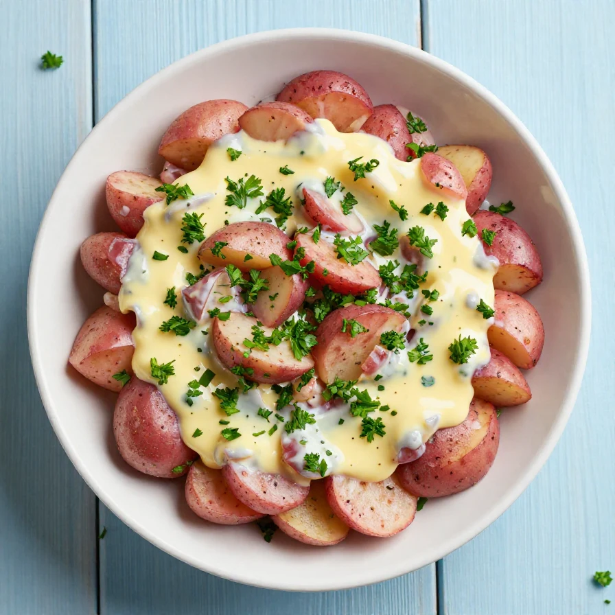 A colorful bowl of healthy red potato salad garnished with fresh herbs, perfect for a football party