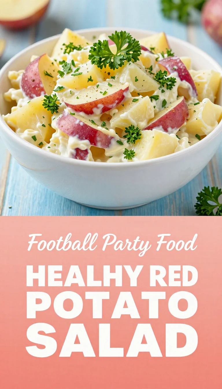 A colorful bowl of healthy red potato salad garnished with fresh herbs, perfect for a football party