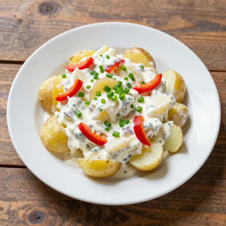 A bowl of oil-free vegan classic potato salad with fresh herbs and colorful vegetables