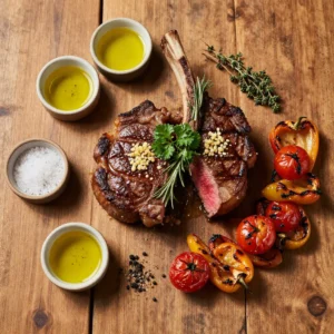 A beautifully arranged table featuring a variety of Father's Day dishes including grilled steak, fresh salads, and desserts.