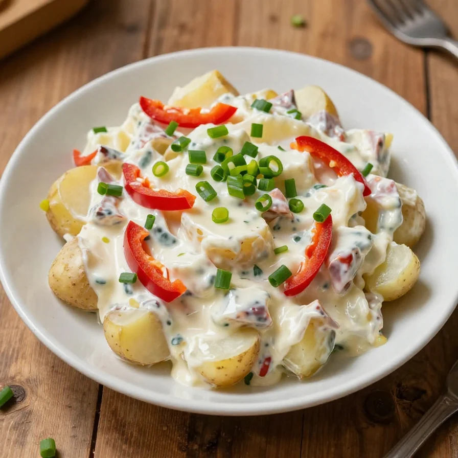 A bowl of oil-free vegan classic potato salad with fresh herbs and colorful vegetables