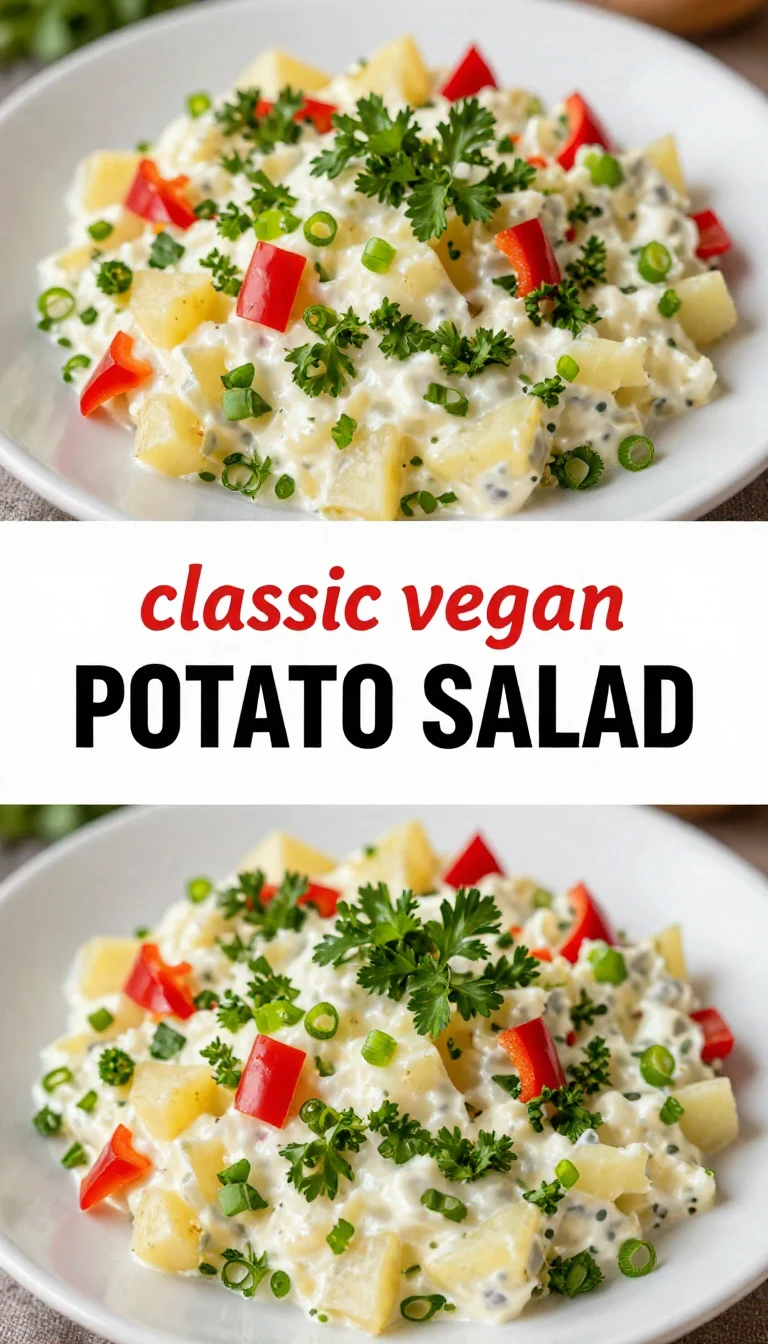 A bowl of oil-free vegan classic potato salad with fresh herbs and colorful vegetables