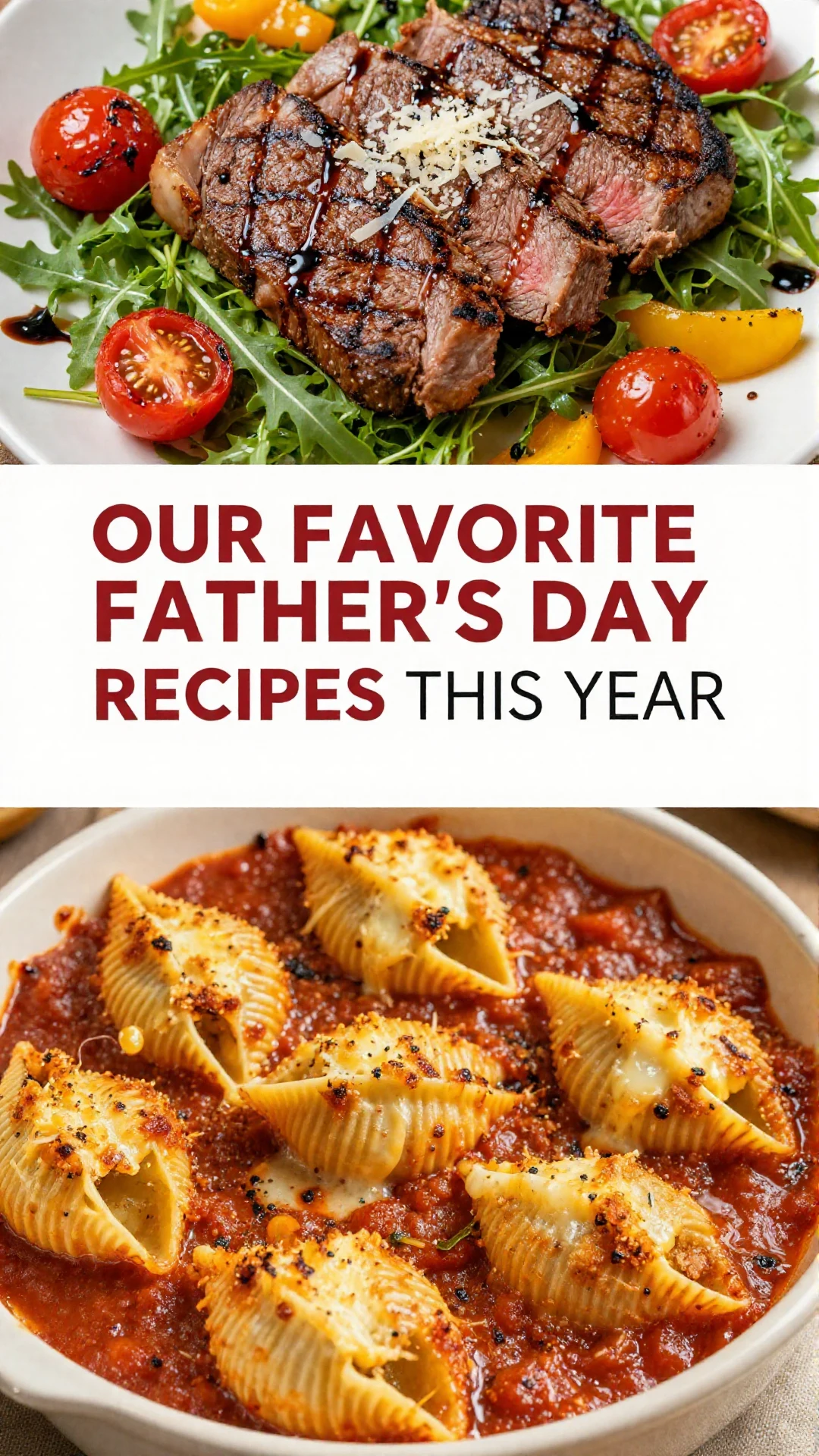 A beautifully arranged table featuring a variety of Father's Day dishes including grilled steak, fresh salads, and desserts.