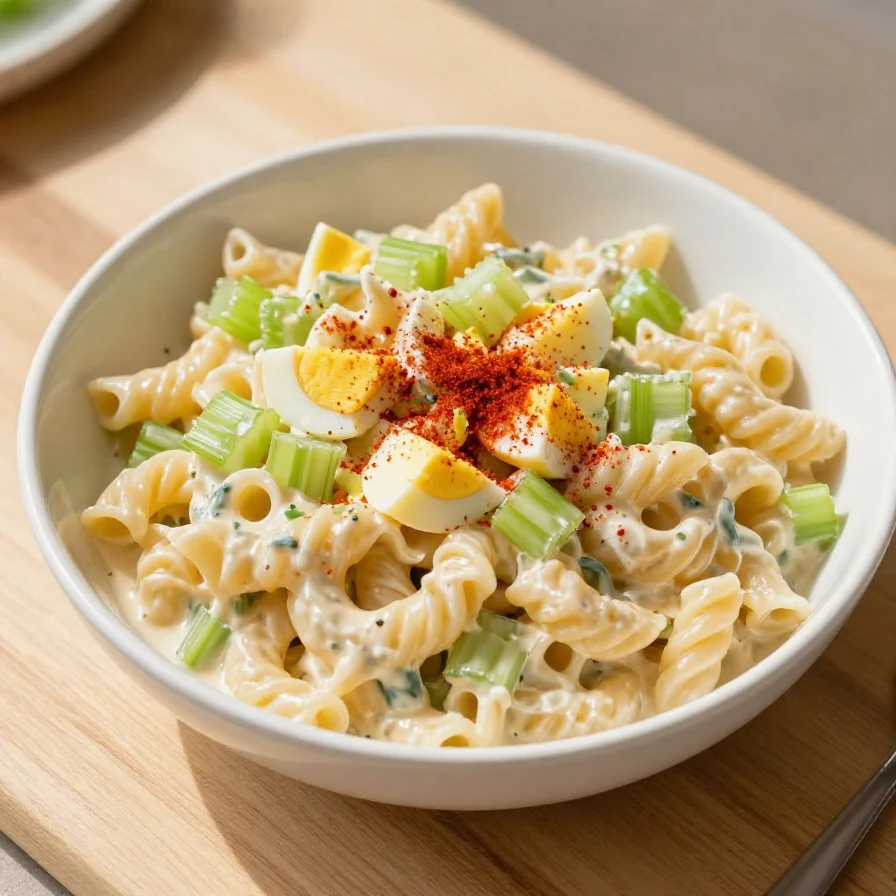 A bowl of deviled egg macaroni salad garnished with parsley and paprika