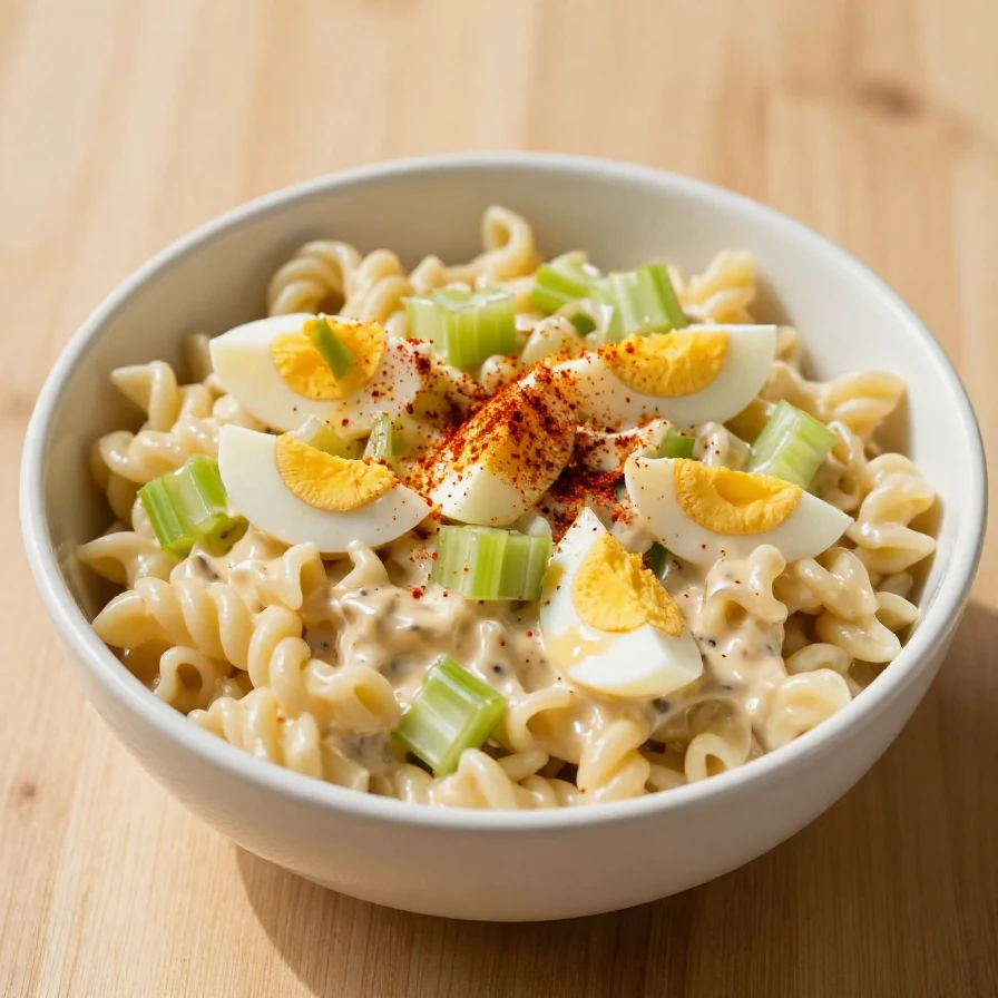 A bowl of deviled egg macaroni salad garnished with parsley and paprika