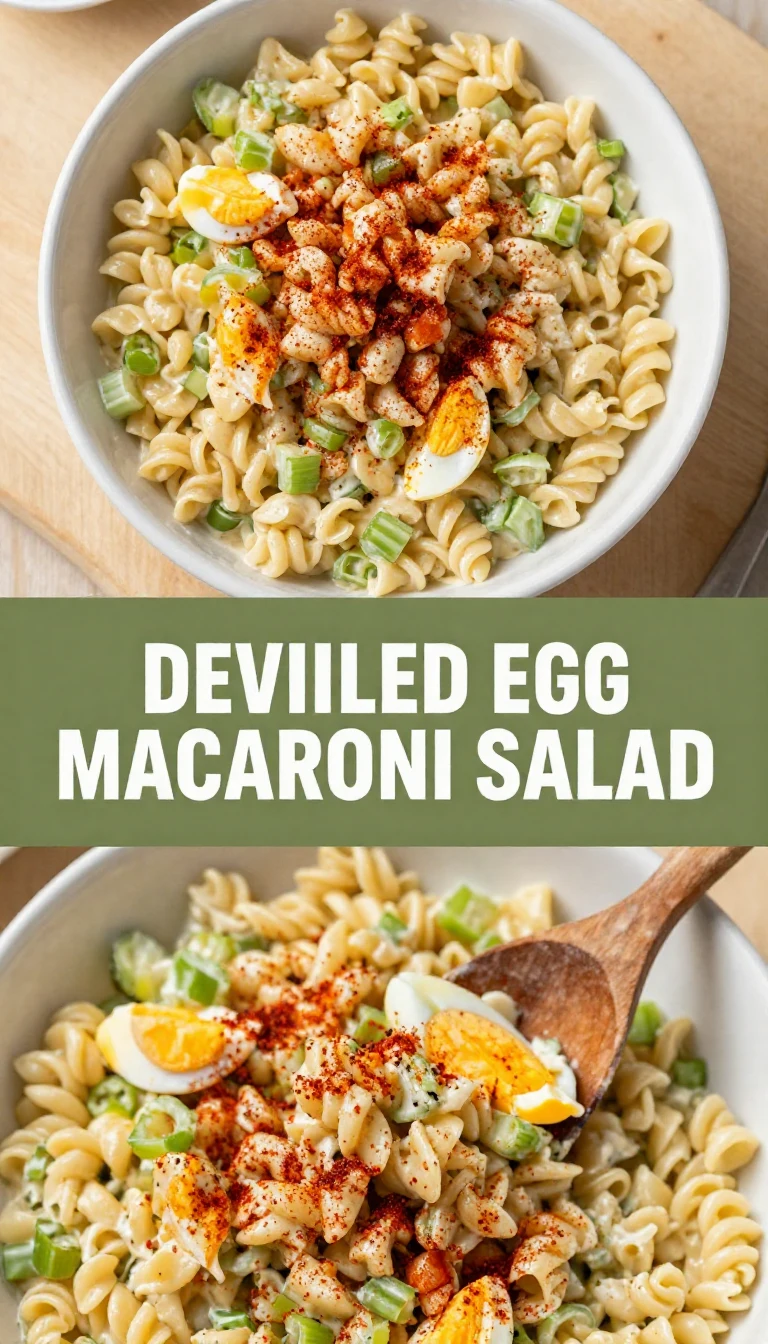A bowl of deviled egg macaroni salad garnished with parsley and paprika