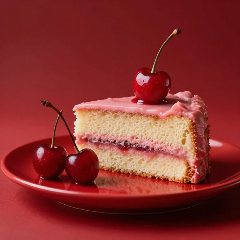 A slice of vanilla cake topped with cherries on a red plate with white frosting