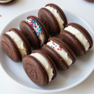 A close-up of colorful mini ice cream sandwiches decorated for the 4th of July.