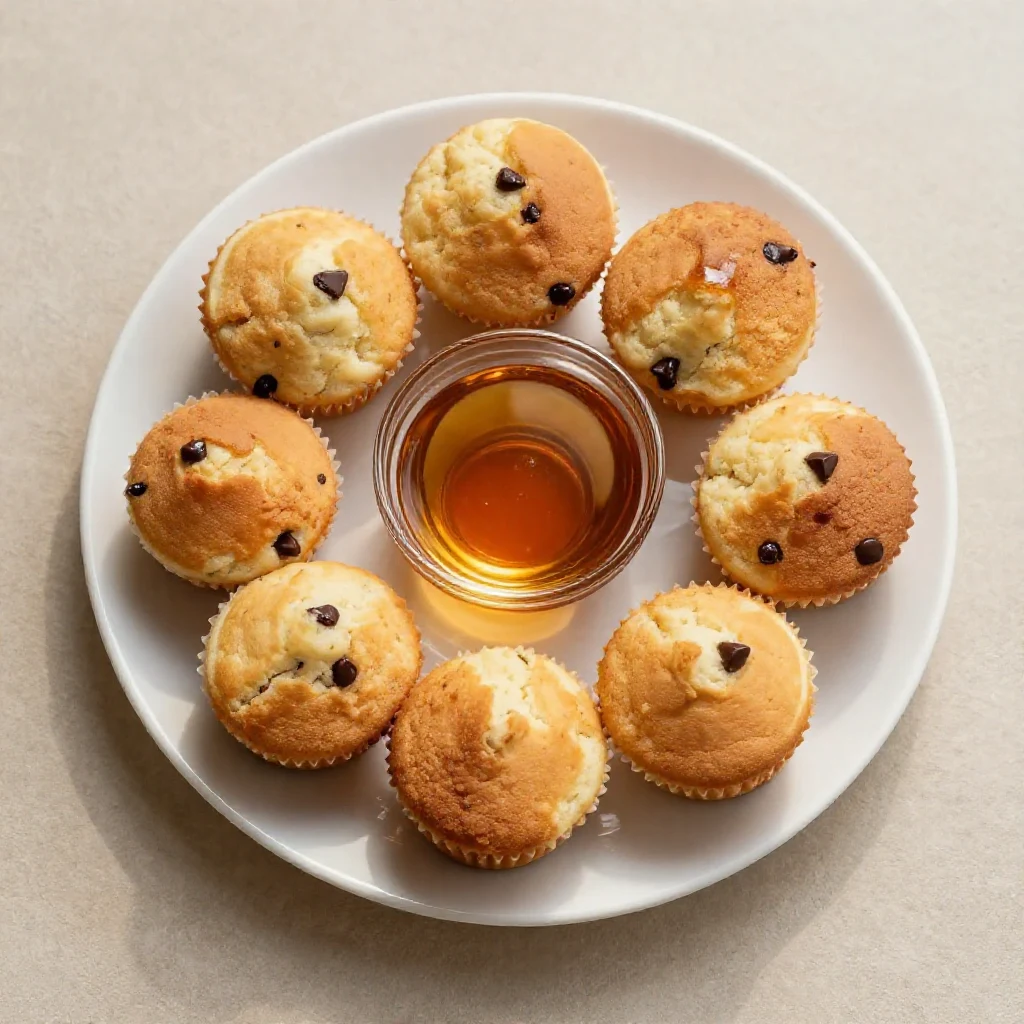 A plate of fluffy pancake muffins topped with syrup and fresh berries