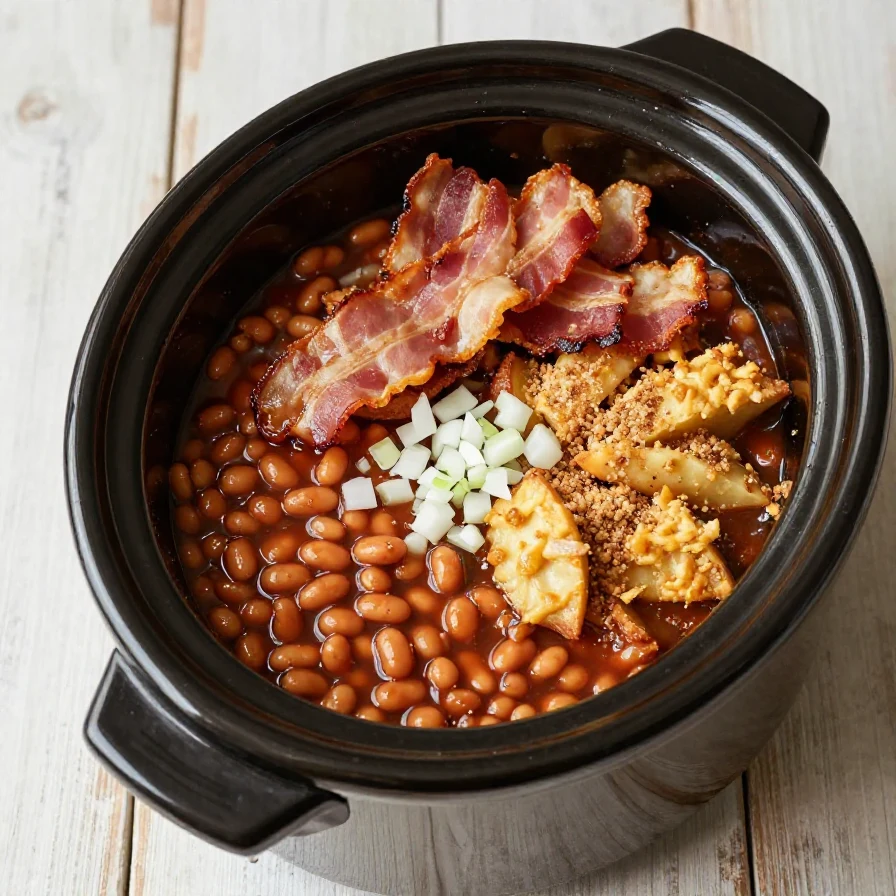 A delicious serving of apple pie baked beans in a rustic dish